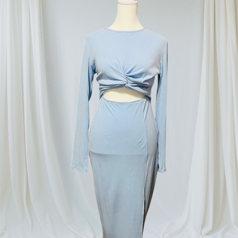 Elegant Light Blue Twist Front long midi slit Dress